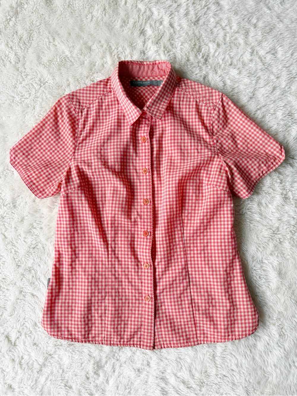 Icebreaker Woman 100% Wool Gingham Button Down Shirt LARGE Classic Granola